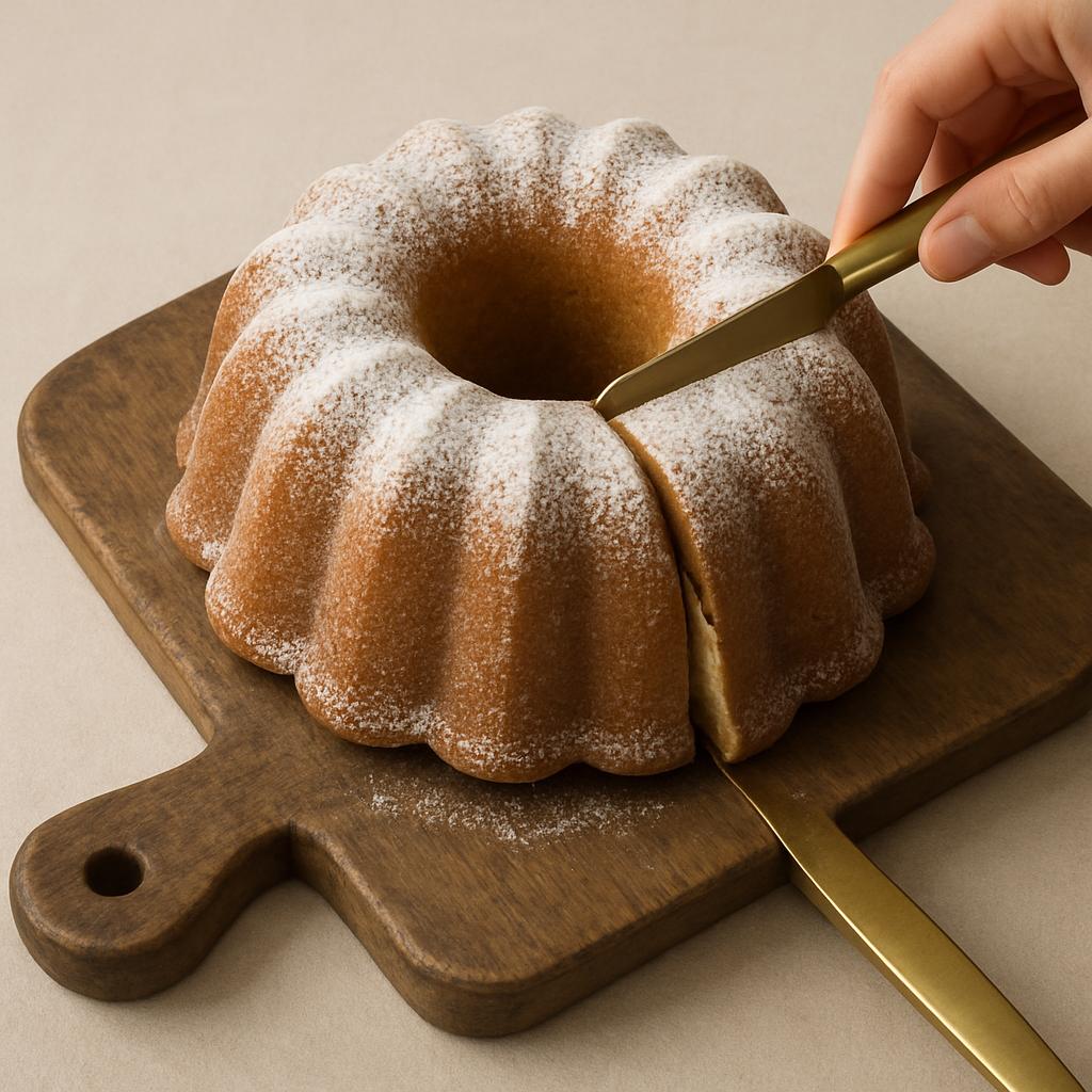 A cake, with a hollowness running through its middle neatly sliced into with a designer knife. The overall setting seems t...