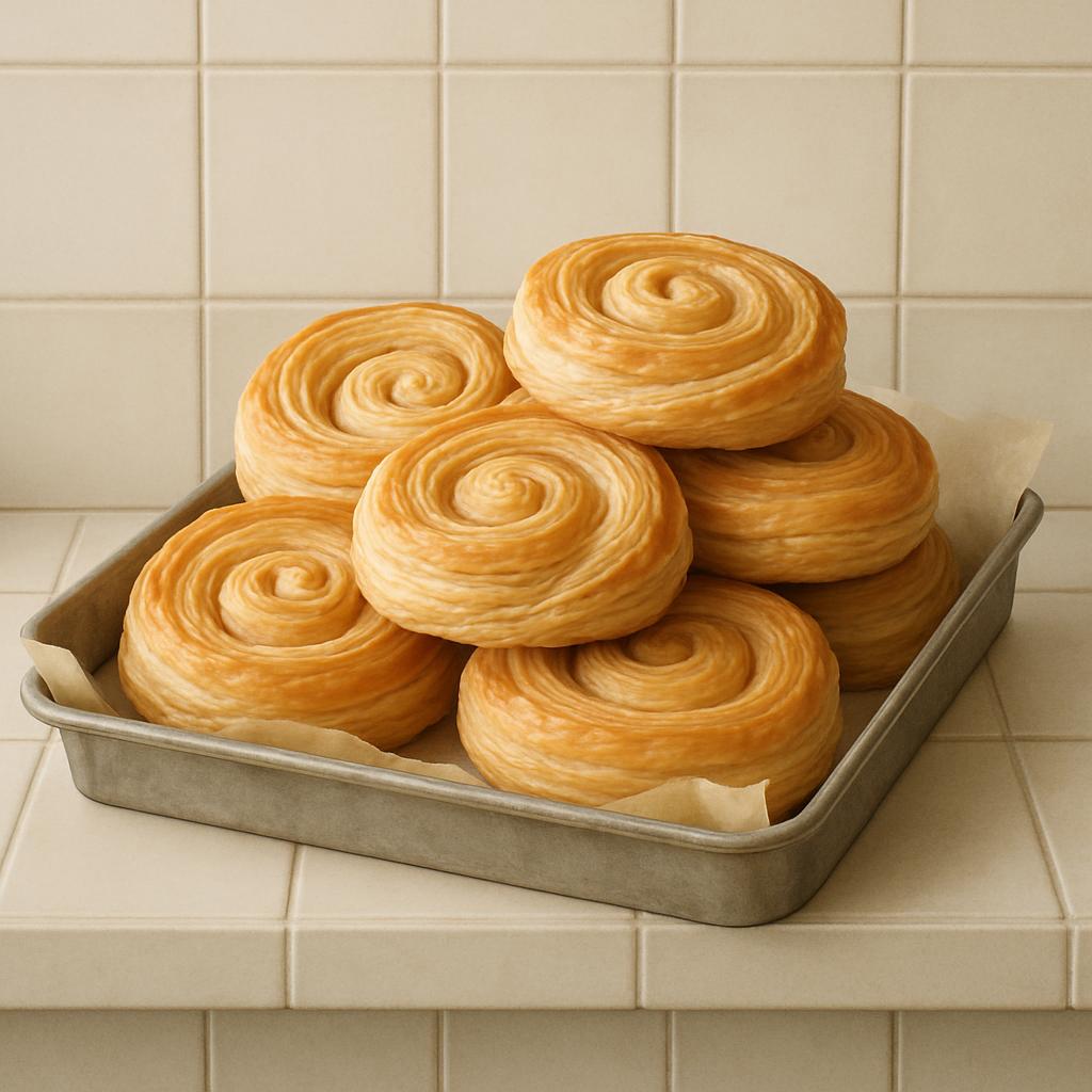 A golden spiral appears to be the main subject of the image. It seemingly is a fairly thick pastry dough that has been rol...