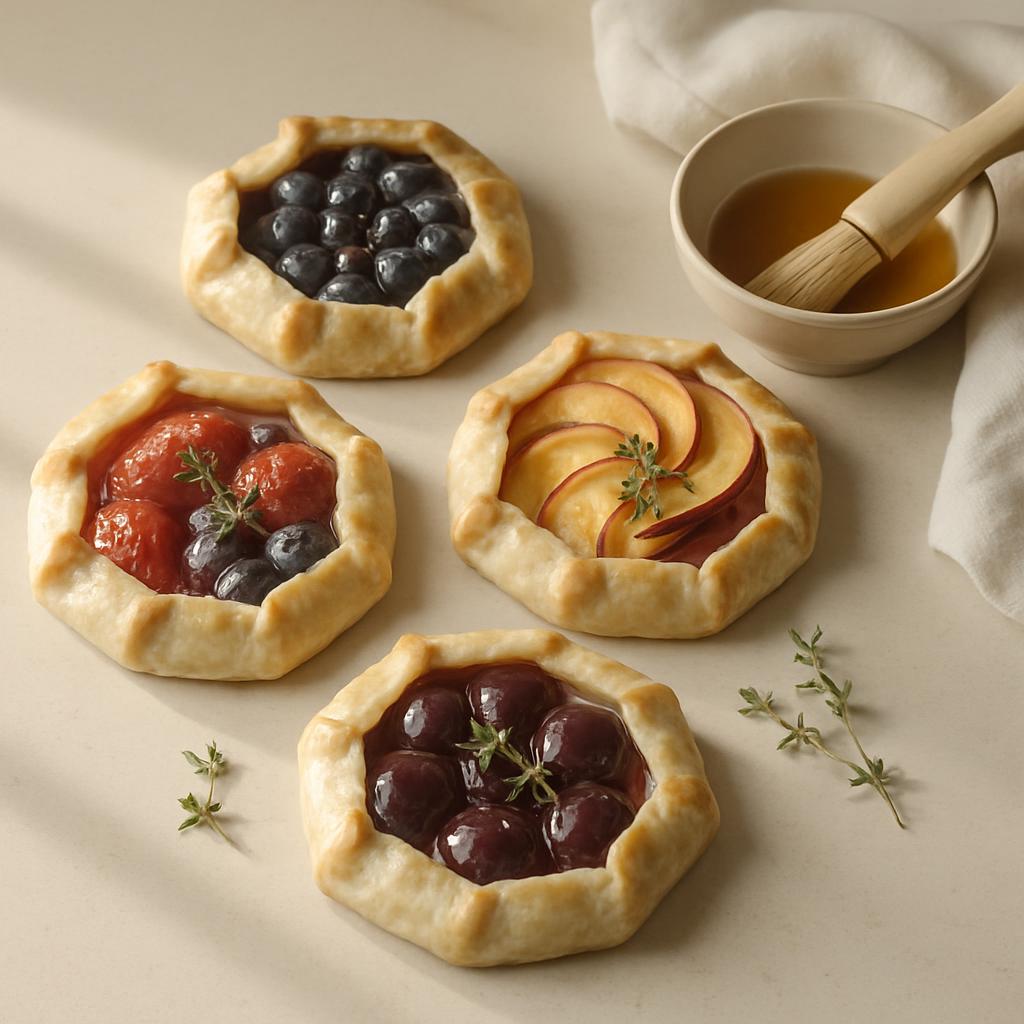Mini rosemary, peach, thyme, tomato and blueberry galettes prior to baking.