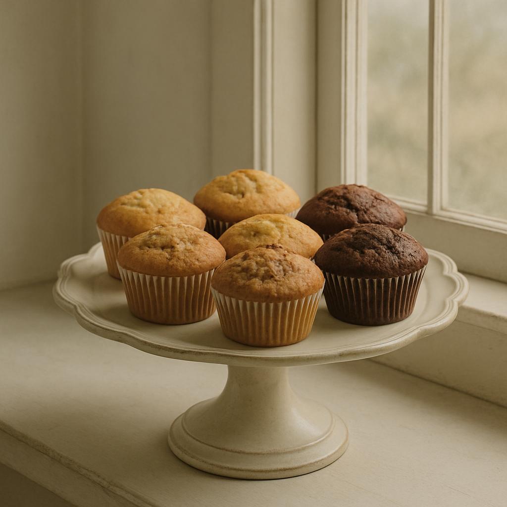 These muffins have been baked without any frosting and are displayed on a light-colored pedestal plate, sitting in front o...