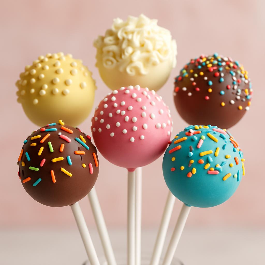 A close-up photograph of six cake pops on white sticks, partially resting in a clear glass, featuring delectable, rich cho...
