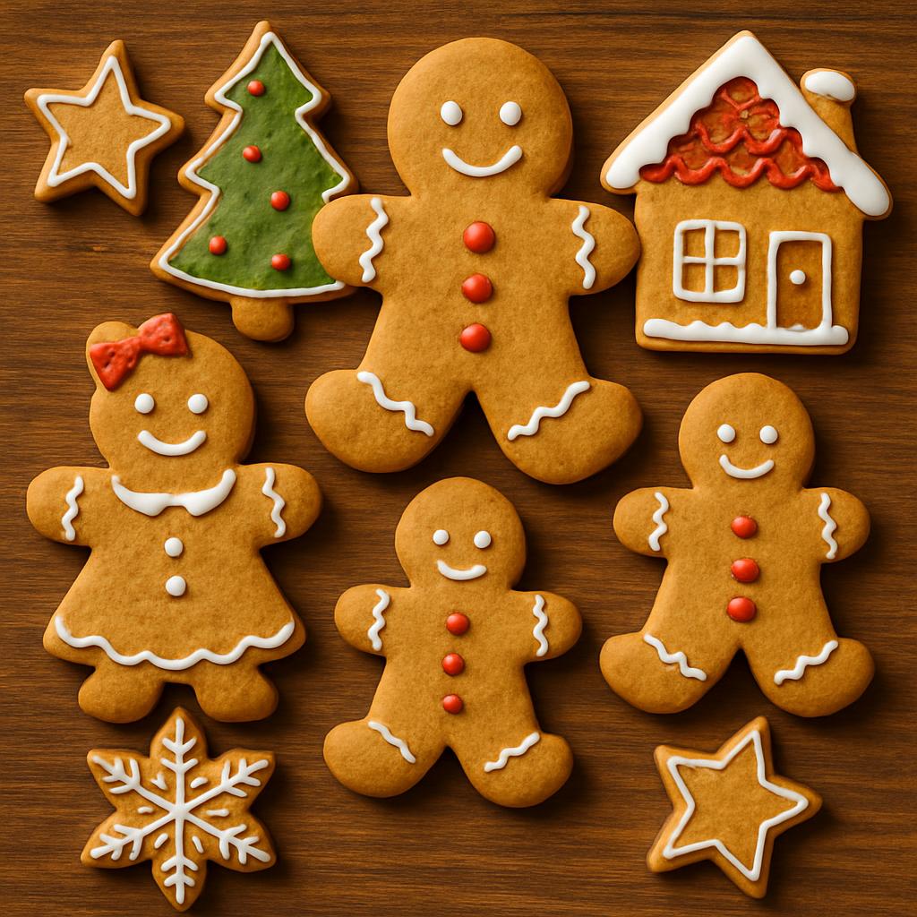 A collection of gingerbread cookies in various shapes, including a house, Christmas tree, stars, and people; featuring whi...