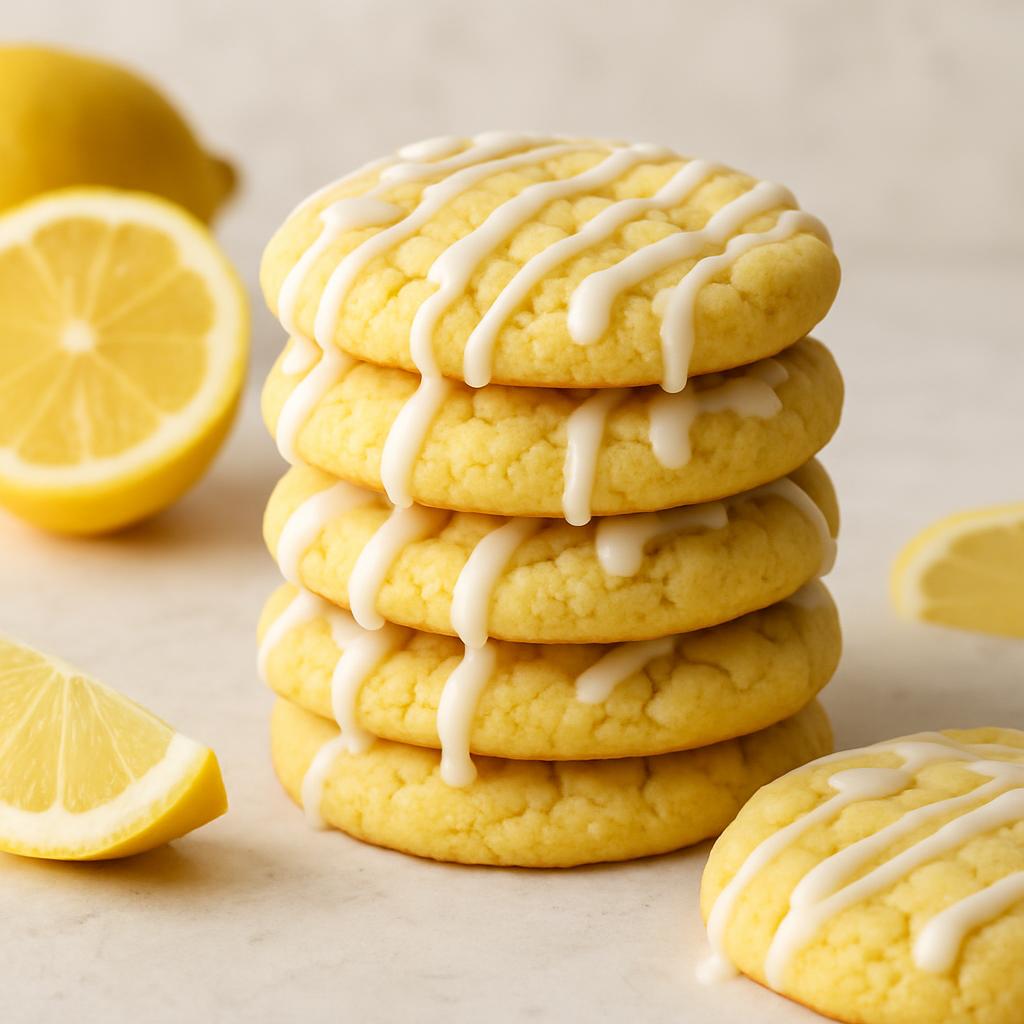 A stack of four soft, yellow cookies with lemon glaze toppings, along with some slices of lemons visible.