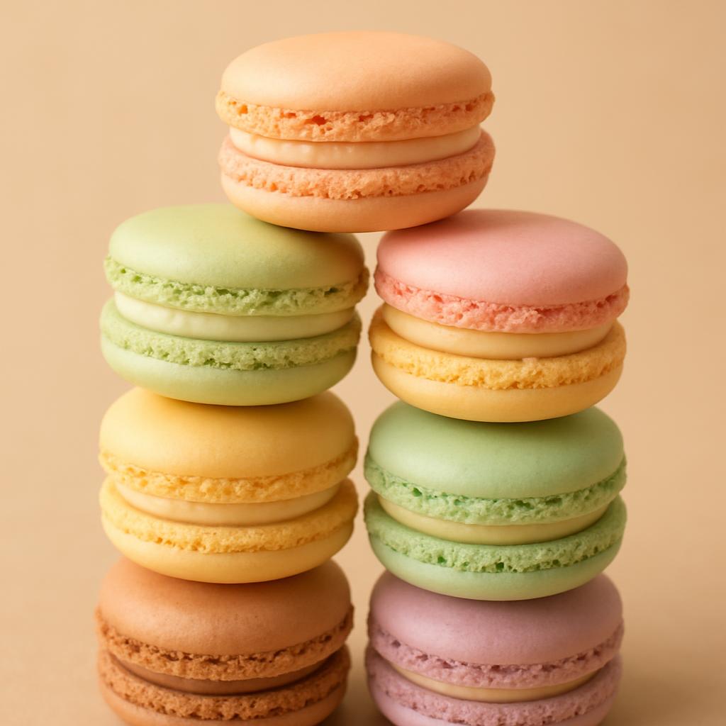 Close-up of an assortment of colorful macarons stacked in two column towers with light-pastel colors in a beige background.